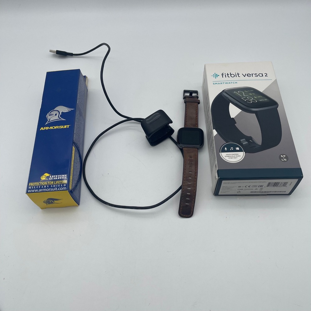 Fitbit Versa 2 Smartwatch Carbon Mist Grey with Brown Leather Band and Charger